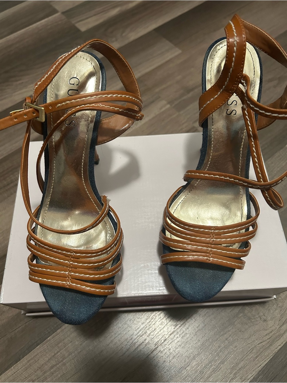 Guess Tan Strappy High Heel Sandals with Blue Insole - Picture 8 of 8